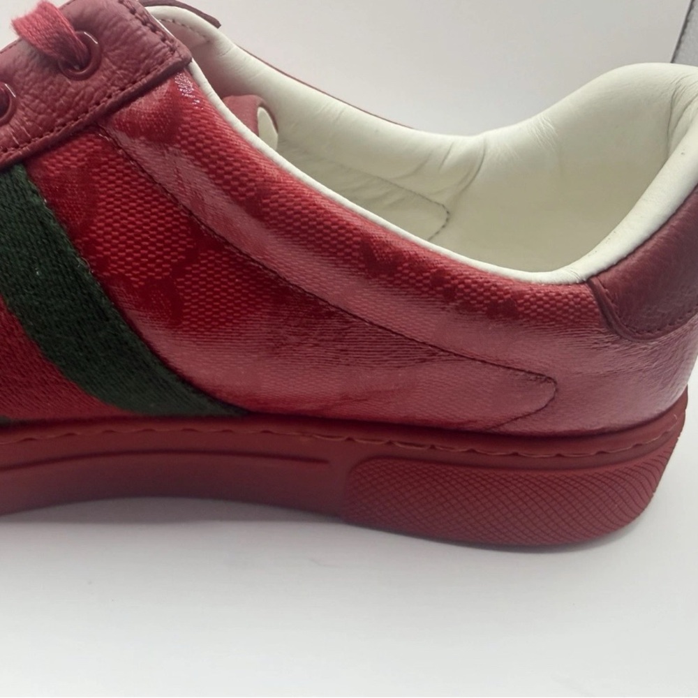 Gucci Red Leather Low-Top Sneakers with Green Stripe - Picture 5 of 9